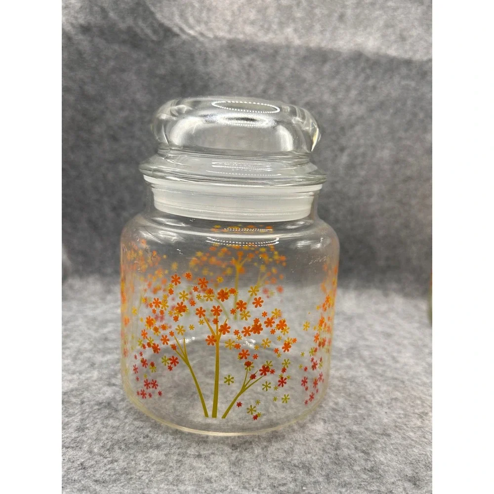 Vintage Glass Canister Set 3 Autumn Floral Tree Orange Yellow Red USA Made